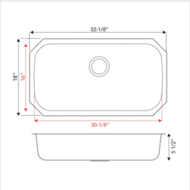 Stainless Steel Single Bowl Undermount Kitchen Sink 32 1/8'' x 18''
